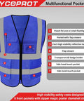Straight Up Real Deal High Visibility Mesh Safety Vest With Reflective Strips Full Zipper Closure Secure Side Pockets Ansi Isea Certified Super Light Breathable Polyester Job Site Safety Gear, blue with multiple pockets.