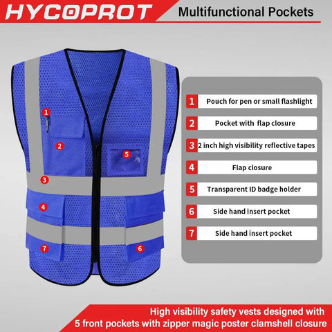Straight Up Real Deal High Visibility Mesh Safety Vest With Reflective Strips Full Zipper Closure Secure Side Pockets Ansi Isea Certified Super Light Breathable Polyester Job Site Safety Gear, blue with multiple pockets.