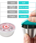 Hands opening a Six Pack Two Point Four Ounce Stainless Steel Dressing Container With Silicone Lids Leakproof And Reusable Condiment Jars.
