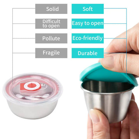 Hands opening a Six Pack Two Point Four Ounce Stainless Steel Dressing Container With Silicone Lids Leakproof And Reusable Condiment Jars.