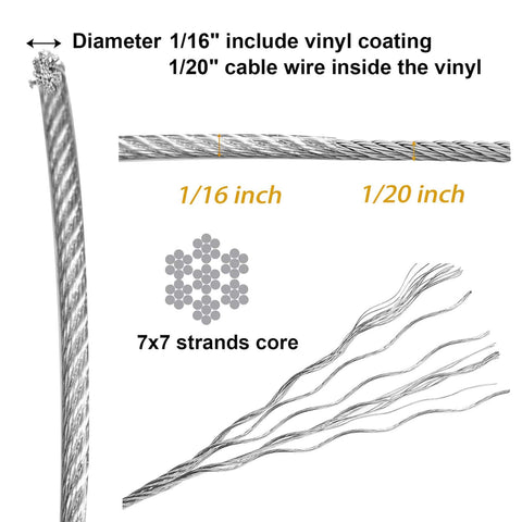 Stainless Steel Wire Rope Cable 1 16th Inch 500 Feet Vinyl Coated Braided 7x7 Core with flexible strands diagram