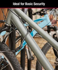4 Foot Braided Steel Bike Cable Lock With Four Digit Combination Vinyl Coated Bicycle Lock securing a bike on a rack