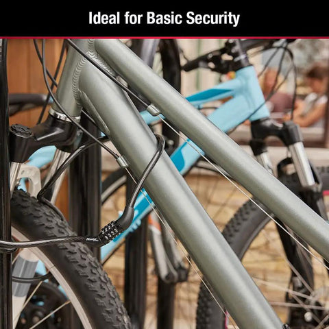 4 Foot Braided Steel Bike Cable Lock With Four Digit Combination Vinyl Coated Bicycle Lock securing a bike on a rack