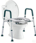 Straight Up Raised Toilet Seat With Cozy Padded Handles And Adjustable Height For Seniors Hefty 400 Pound Capacity secure elevated riser with grab bars.