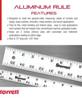 Go-To 72 Inch Aluminum Straight Edge Rule For Shops And Schools Pro Woodworkers And Metalworkers Trust Two Inch Wide One Eighth Inch Thick With English Scale In One Eighth And One Sixteenth Increments Ultra Smooth Surface For Snag Free Measurements displayed on a metallic background with product details.