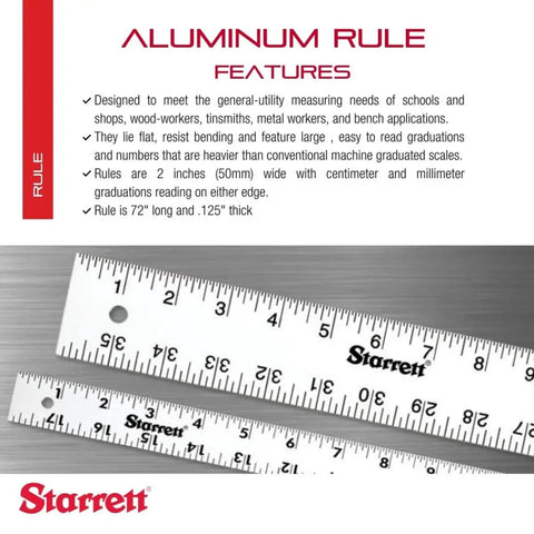 Go-To 72 Inch Aluminum Straight Edge Rule For Shops And Schools Pro Woodworkers And Metalworkers Trust Two Inch Wide One Eighth Inch Thick With English Scale In One Eighth And One Sixteenth Increments Ultra Smooth Surface For Snag Free Measurements displayed on a metallic background with product details.