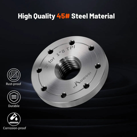 Heavy Duty 3 Inch Steel Wood Lathe Faceplate With 1 Inch By 8 Tpi Thread, Eight Mounting Holes, on black background