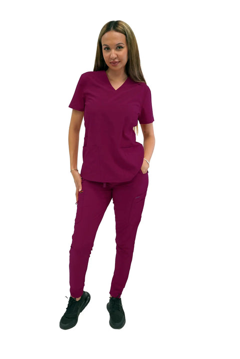 Women's Slim High Waisted Jogger Scrub Pants Yoga Style Nursing Uniforms Wine Color Buttery Soft Healthcare Workwear model standing
