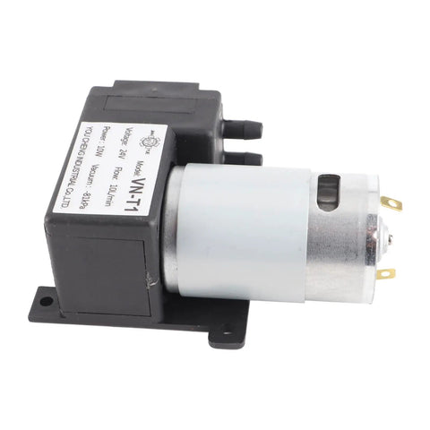 Totally Quiet DC Vacuum Pump VN T1 Workhorse With 81KPa Suction For Industrial Use Electronics And DIY Projects 10L Per Minute Flow 12V 24V Electric Drive Ideal For Pipeline Gas Systems, black and silver compact pump with mounting base