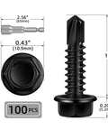Tough As Nails Black Hex Washer Head Self Drilling Screws 100 Pack Size 12 By One Inch Flanged Stainless Steel Fasteners close-up with dimensions.