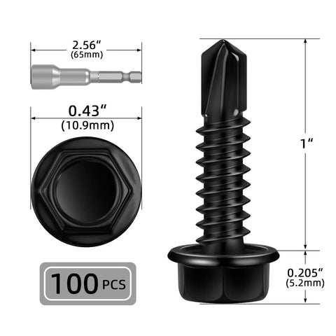 Tough As Nails Black Hex Washer Head Self Drilling Screws 100 Pack Size 12 By One Inch Flanged Stainless Steel Fasteners close-up with dimensions.