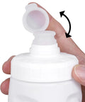 Close-up of the leak resistant squeeze lid water bottle for biking and hiking, showing silicone spout and detachable cap.