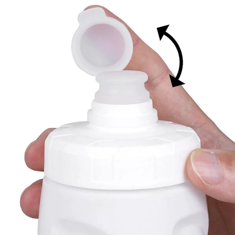 Close-up of the leak resistant squeeze lid water bottle for biking and hiking, showing silicone spout and detachable cap.