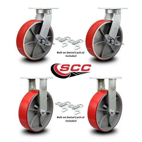 12 Inch Swivel Top Plate Caster Set Heavy Duty Red Polyurethane On Cast Iron Wheel Pack With 2 Braked Swivel Casters