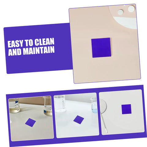 Set of 2 cobalt glass sheets 5x5cm for chemistry flame color reaction tests, heat resistant lab plates on lab table.