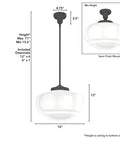 Saddle Creek 1 Light Noble Bronze Pendant With Seeded Glass Shade, dimmable schoolhouse fixture dimensions and mounting options shown