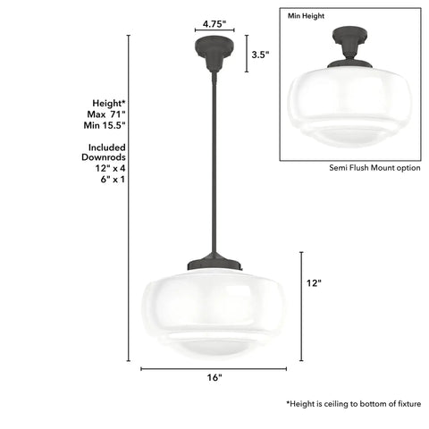 Saddle Creek 1 Light Noble Bronze Pendant With Seeded Glass Shade, dimmable schoolhouse fixture dimensions and mounting options shown