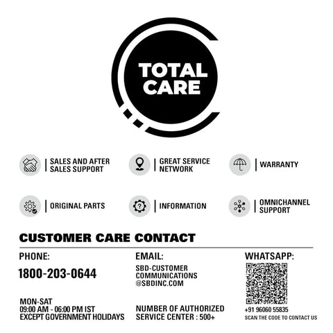 Customer care contact information with phone, email, and WhatsApp details for support services.
