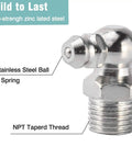 Grease Fittings Kit, 240-Piece SAE And Metric Zerk Fittings Set With zinc plated steel close-up detail of NPT tapered thread
