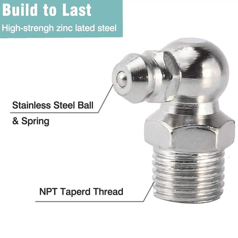 Grease Fittings Kit, 240-Piece SAE And Metric Zerk Fittings Set With zinc plated steel close-up detail of NPT tapered thread