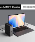 Thunderbolt Five Dock Packing Twenty Ports And Ten Gigabit Ethernet Kickass Connectivity Straight Up Powerhouse Hub USB C and A Fast Data Sync, beside MacBook Pro providing 140W charging.