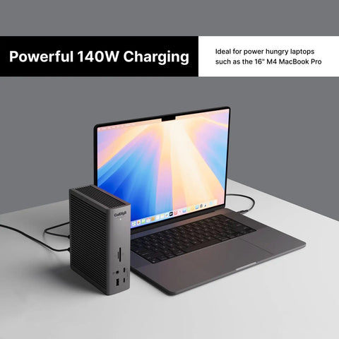 Thunderbolt Five Dock Packing Twenty Ports And Ten Gigabit Ethernet Kickass Connectivity Straight Up Powerhouse Hub USB C and A Fast Data Sync, beside MacBook Pro providing 140W charging.