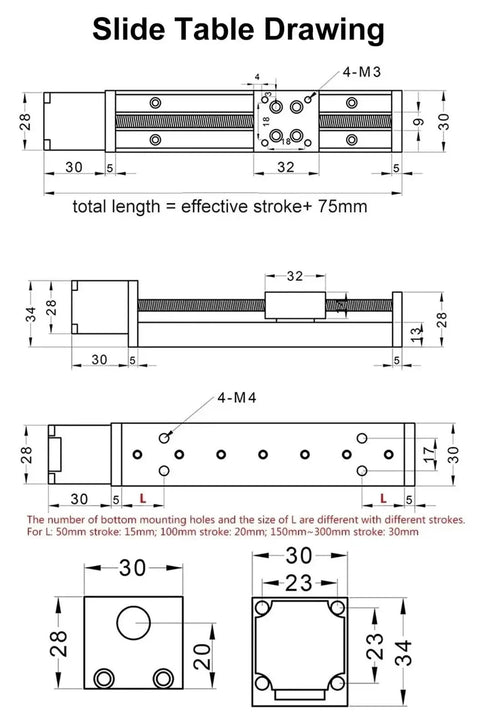 Slide table technical drawing with dimensions for Badass T Type Cnc Linear Slide Table With Mini Xyz Actuator Stage And Nema Motor Driven Precision Guide Rail Platform.