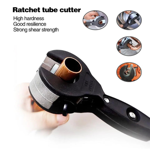 Ratchet pipe cutter on copper tube, black handle and silver wheel, 5/16–1-1/8 in capacity, compact 2-in-1 tool