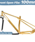 Gold mountain bike frame with 100mm front fork, compatible with 26 inch front mountain bike wheel set beefed up with quick release aluminum double wall rims 2 bearing hubs disc brake ready 14G 32H spokes for 26 inch MTB bikes.