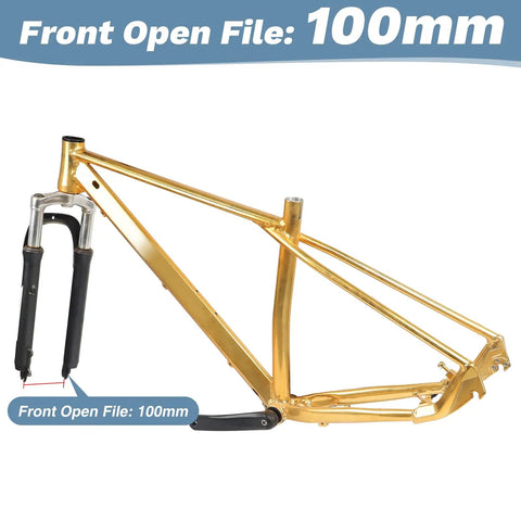 Gold mountain bike frame with 100mm front fork, compatible with 26 inch front mountain bike wheel set beefed up with quick release aluminum double wall rims 2 bearing hubs disc brake ready 14G 32H spokes for 26 inch MTB bikes.