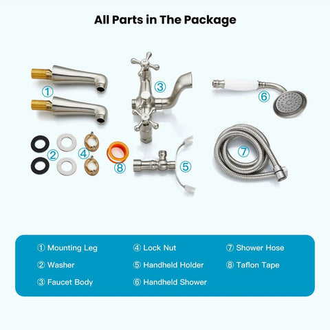 Parts of Deck Mount Clawfoot Tub Faucet With Telephone Shaped Handheld Shower 6 Inch Center Vintage Style 360 Degree Rotation