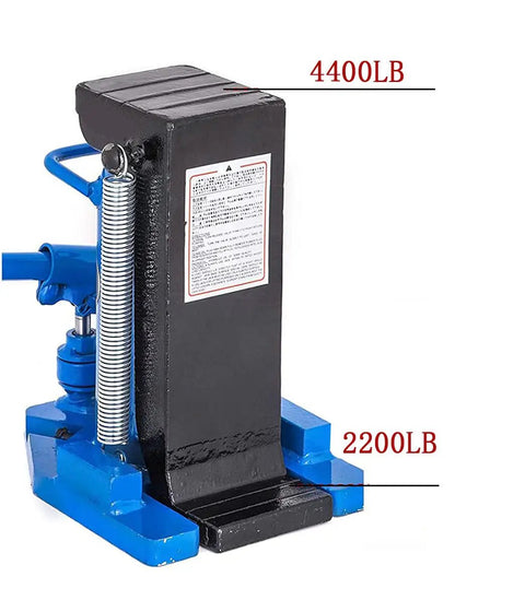 Built Tough Hydraulic Toe Jack Lift 20 Ton Rig Ready Capacity Heat Treated Steel Frame with lifting capacity labels.