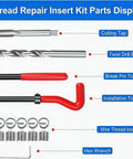 M10 X 1.25 Thread Repair Kit With Helicoil Inserts, parts display, including drill bit, taps, installation tool, and wire thread inserts