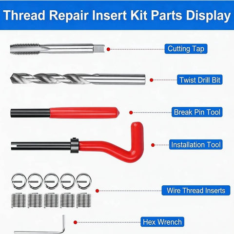 M10 X 1.25 Thread Repair Kit With Helicoil Inserts, parts display, including drill bit, taps, installation tool, and wire thread inserts