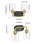 Diagram showing measurements of two light sleek industrial black and gold vanity light fixture with clear glass shades, dimmable E26 socket.
