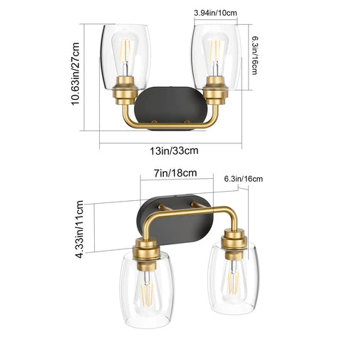Diagram showing measurements of two light sleek industrial black and gold vanity light fixture with clear glass shades, dimmable E26 socket.