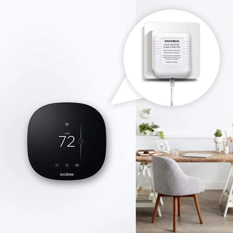 Ecobee thermostat on wall with AC 24 Volt Transformer And C Wire Adapter For Ring Doorbell And Smart Thermostats, Works With Ecobee Sensi Honeywell Nest, 315 Inch Cable, Keeps Your Smart Home Gear Powered And Ready
