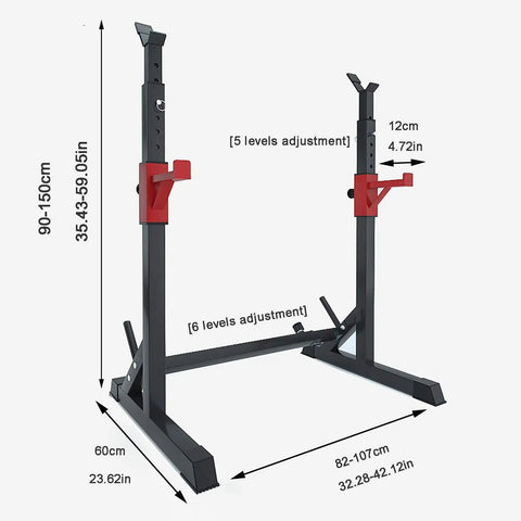 Beefy Heavy Duty Bench Press And Squat Rack With Adjustable Height 260Kg Weight Capacity showing dimensions and adjustment levels