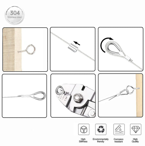 All In One Wire Rope Crimp Kit With 100Ft 2mm Vinyl Coated Cable, 100 Aluminum Ferrules And 10 Hooks For Picture Hanging