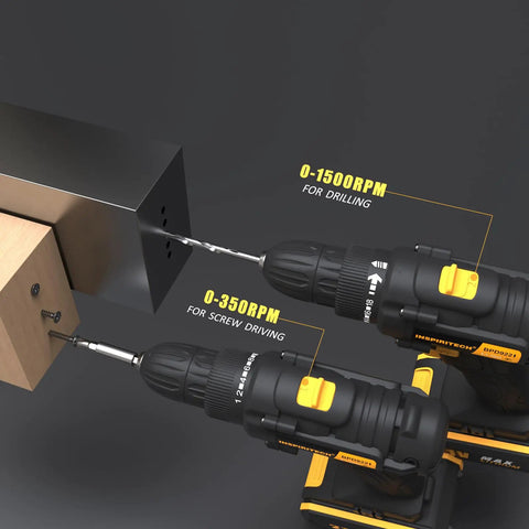 21V Cordless Drill Set With Two Batteries And Charger drilling and screw driving wood and metal with dual speed and RPM settings.