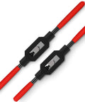 Heavy Duty Adjustable Tap Wrench Set Built Tough With No Hassle Ratcheting Handle For Gearheads And Machinists Covers M1 Through M10 Threads Includes Two Pre Oiled Tools That Work Absolutely Legit with red rubber grips.