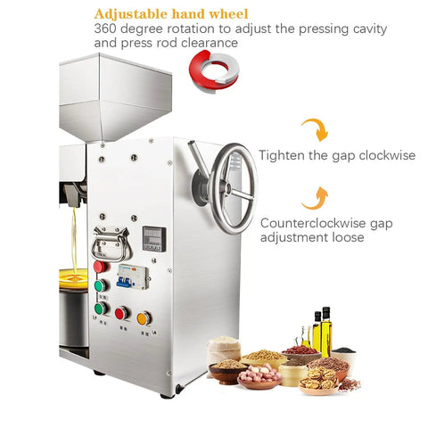 Slick Cold Press Oil Extractor For Nuts And Seeds Fully Automatic Mini Kitchen Machine No Sweat 110V Operation showing adjustable hand wheel and control panel.