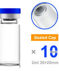 Front view of glass 2ml vial with blue plastic-aluminum flip cap; sealed and sterile, 10-pack