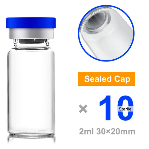 Front view of glass 2ml vial with blue plastic-aluminum flip cap; sealed and sterile, 10-pack
