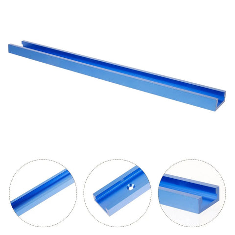 Multifunctional Aluminum T Track Slot Guide for Woodworking, blue rail with detailed close-ups of slot, material, and screw hole