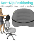 Vive Inflatable Lumbar Pillow For Car Office Airplane Travel Comfort Adjustable firm neck support being attached to a chair.