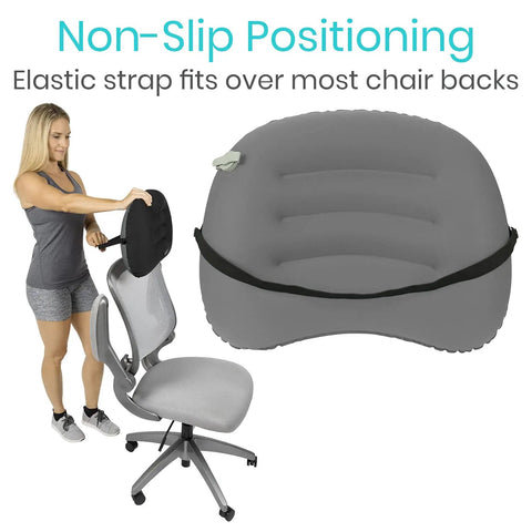 Vive Inflatable Lumbar Pillow For Car Office Airplane Travel Comfort Adjustable firm neck support being attached to a chair.