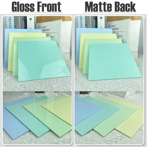 Front view: acrylic sheets in 10 pastel colors, 1/8 in thick, 8x8 in (200x200 mm), glossy surface