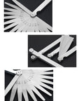 Metric And Standard Feeler Gauge Set Dead Nuts Accurate Stainless Steel Gap Tool showing multiple gauge sizes in a fan layout.