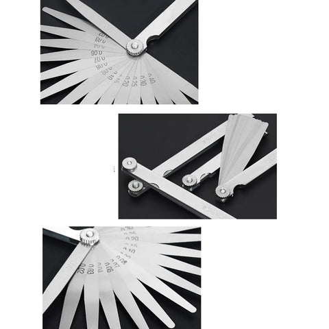 Metric And Standard Feeler Gauge Set Dead Nuts Accurate Stainless Steel Gap Tool showing multiple gauge sizes in a fan layout.